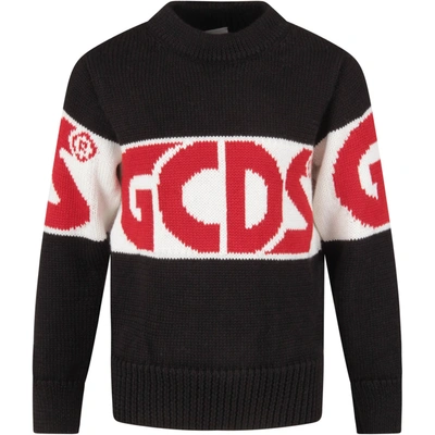 Gcds Mini Black Sweater For Kids With Red Logo In Nero