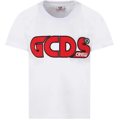 Gcds Mini White T-shirt For Kids With Logo In Bianco