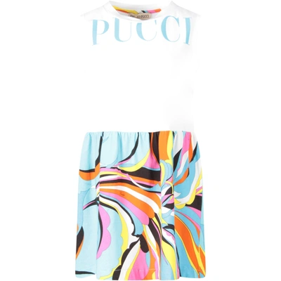 Emilio Pucci Kids'  White And Light Blue Girl Dress With Iconic Prints In Bianco