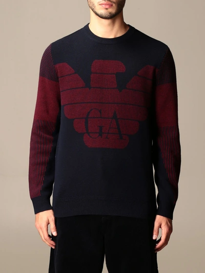 Emporio Armani Sweater In Virgin Wool With Signature In Burgundy