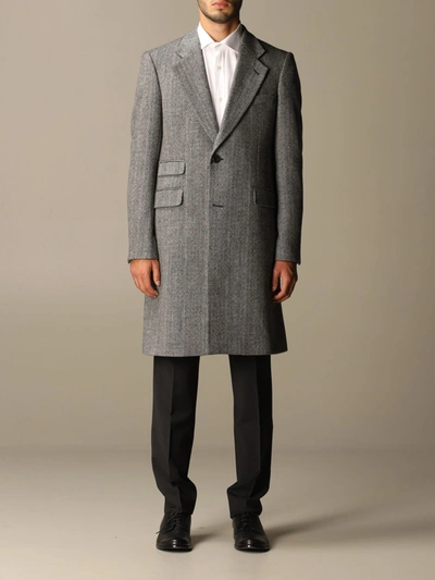 Emporio Armani Single-breasted Coat In Chevron Virgin Wool Blend In Grey