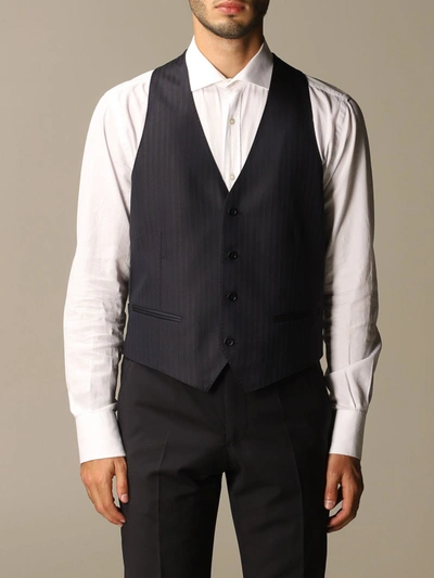 Emporio Armani Vest In Pinstriped Wool Blend In Navy
