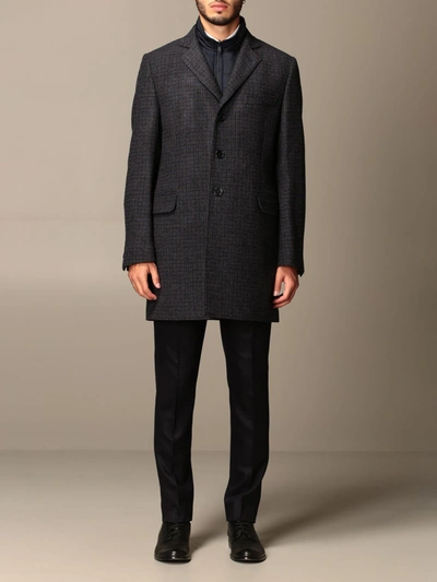 Fay Houndstooth Wool Coat With Waistcoat In Blue