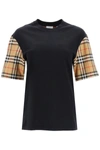 Burberry Women Black T-shirt With Vintage Check Motif On The Sleeves In Cotton Woman In Black