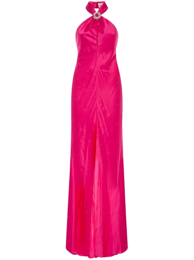Azzaro Silk Satin Long Dress W/ Crystal Buckle In Fuchsia