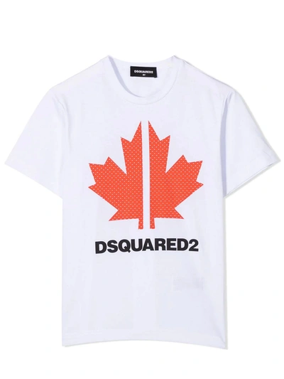 Dsquared2 Kids' Logo Print Cotton Jersey T-shirt In Bianco