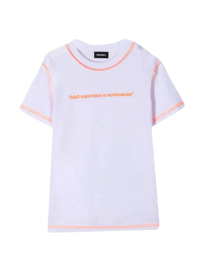 Diesel Kids' Contrast Stitching Cotton T-shirt In Bianco