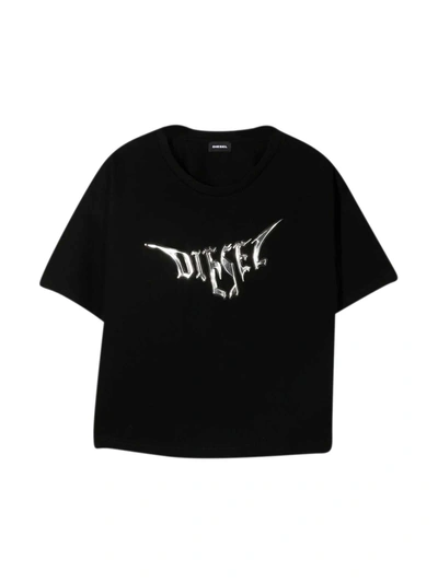 Diesel Kids' Logo Print Cotton Jersey T-shirt In Nero