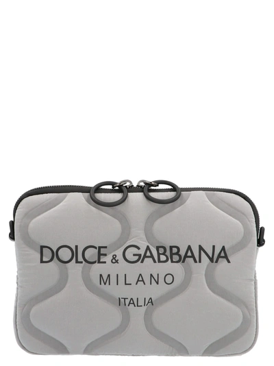 Dolce & Gabbana Grey Logo Print Quilted Cross Body Bag In White