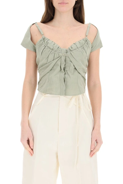 Jacquemus Tovallo Ruched Linen-blend Bustier Top In Green