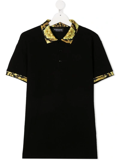 Young Versace Teen Barocco-trim Polo Shirt In Black