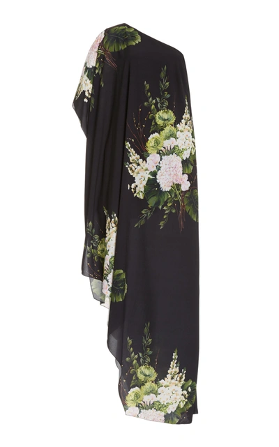 Monique Lhuillier Bouquet One-sleeve Asymmetric Floral-print Stretch-crepe Kaftan In Black