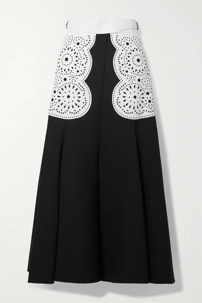 Gabriela Hearst Ihlen Laser-cut Leather-paneled Silk And Wool-blend Crepe Wrap Midi Skirt In Black