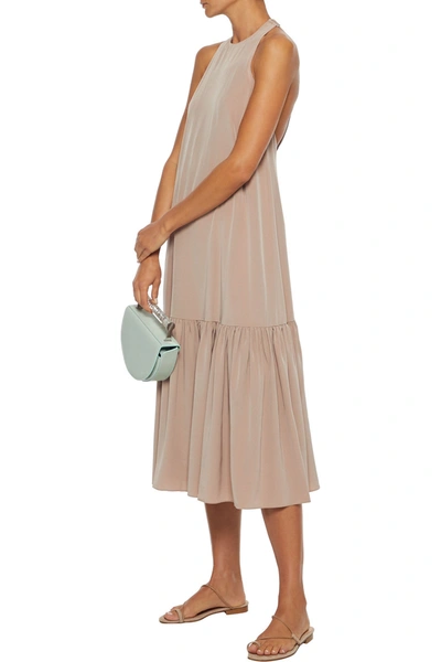 Tibi Gathered Silk Crepe De Chine Midi Dress In Mushroom