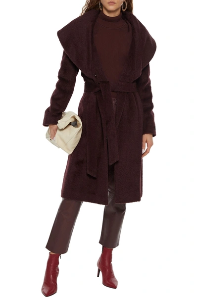 Dkny Belted Brushed Wool-blend Coat In Burgundy