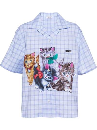 Miu Miu Check Fil-à-fil Cat-print Shirt In Light Blue