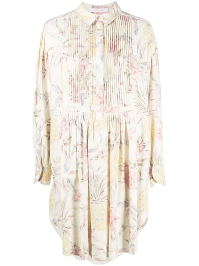 See By Chloé Pintucked Floral-print Ramie And Cotton-blend Dress In White,yellow,pink