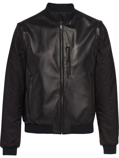 Prada Men's Reversible Leather/nylon Bomber Jacket W/ Removable Sleeves In Nero