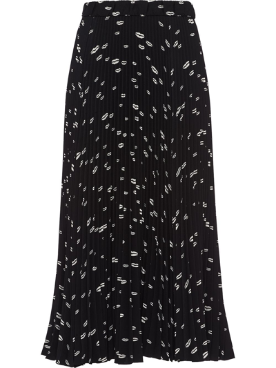 Prada Lips-print Pleated Midi Skirt In Black/blue