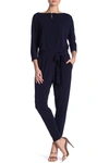 Nina Leonard Three-quarter Length Sleeve Waist Tie Jumpsuit In Navy