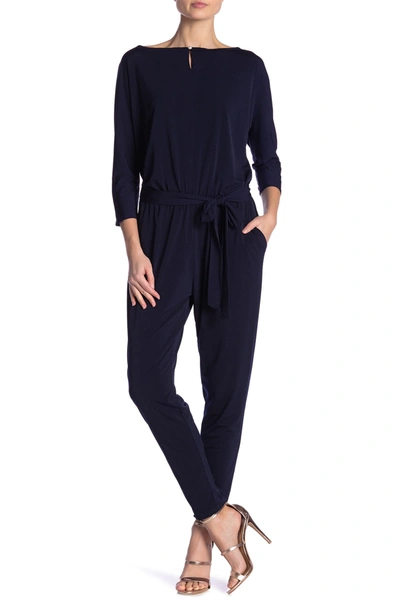 Nina Leonard Three-quarter Length Sleeve Waist Tie Jumpsuit In Navy