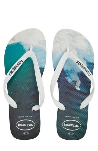 Havaianas Hype Tropical Print Flip Flop In White/navy Blue