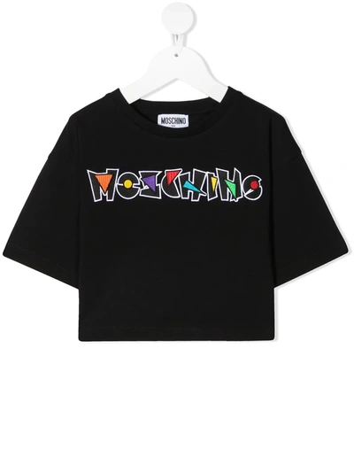 Moschino Teen Logo-embroidered Cropped T-shirt In Black