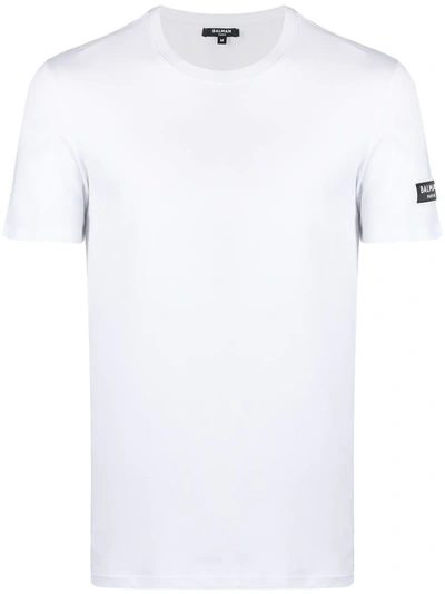 Balmain Men's Solid Logo-sleeve Crew T-shirt In White