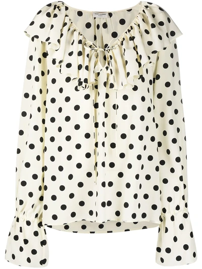 Saint Laurent Ruffled Polka-dot Silk Crepe De Chine Blouse In Beige/black