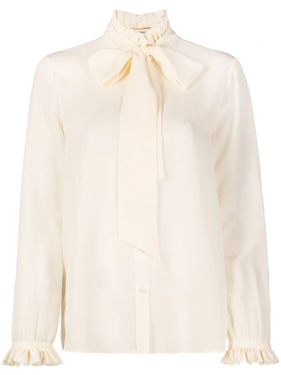 Saint Laurent Pleated Collar Pussy-bow Blouse In White