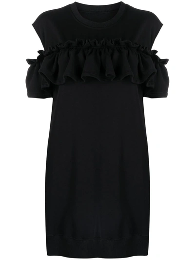 Mm6 Maison Margiela Cold-shoulder Ruffled French Cotton-blend Terry Dress In Black