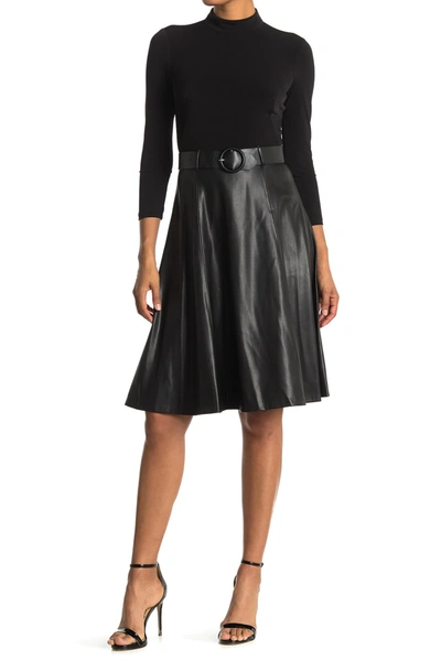 Calvin Klein Mock Neck Faux Leather Skirted Twofer Midi Dress In Blk Black  | ModeSens