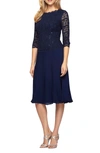 Alex Evenings T-length Lace And Chiffon Mock Two Piece Dress In Navy