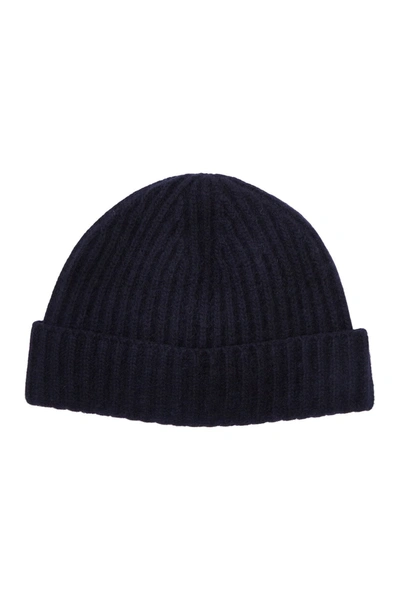 Portolano Cashmere Ribbed Cuffed Beanie In Dark Blue