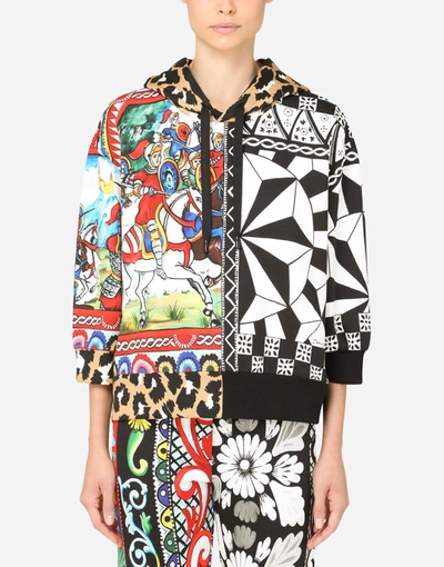 Dolce & Gabbana Jersey Hoodie With Patchwork Print In Multicolor