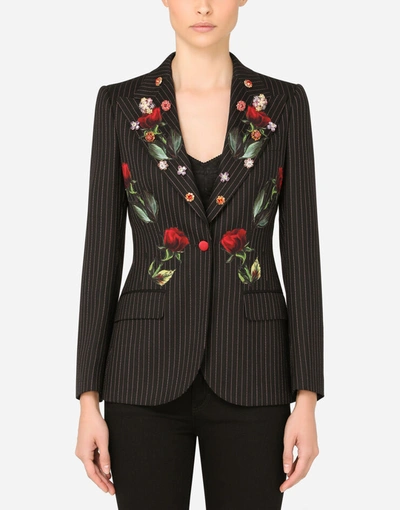 Dolce & Gabbana Pinstripe Blazer With Rose Appliqués