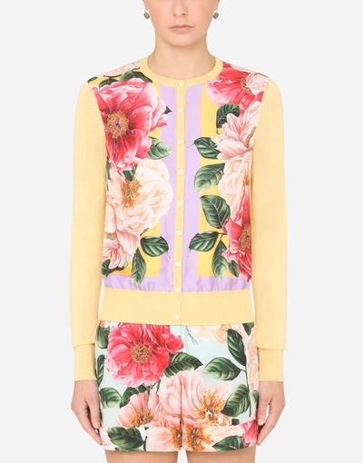 Dolce & Gabbana Camellia-print Silk And Twill Cardigan In Yellow