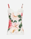 DOLCE & GABBANA SATIN LINGERIE TOP WITH LACE AND CAMELLIA PRINT