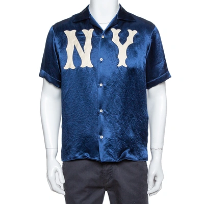 Pre-owned Gucci Navy Blue Satin New York Yankees Patch Bowling Shirt S