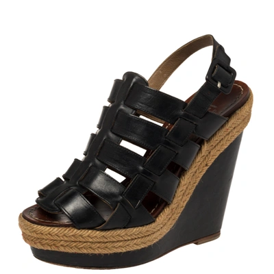 Pre-owned Christian Louboutin Black Leather Caged Espadrille Wedge Sandals Size 36