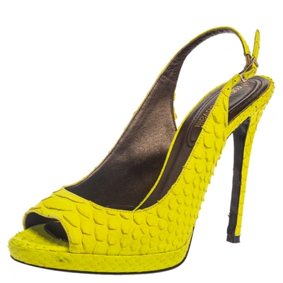 Pre-owned Roberto Cavalli Neon Green Python Peep Toe Slingback Sandals Size 38