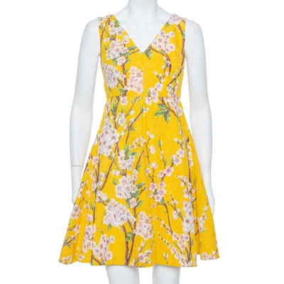Pre-owned Dolce & Gabbana Yellow Floral Jacquard Sleeveless Flared Midi Dress S