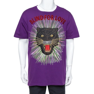 Pre-owned Gucci Purple Cotton Sequin Embellished Tiger Applique Blind For Love T Shirt L