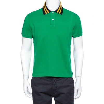 Pre-owned Gucci Green Pique Knit Contrast Collar Detail Polo T Shirt M