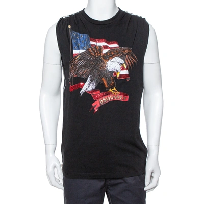 Pre-owned Dsquared2 Black Cotton Embellished Eagle Icon Sleeveless T Shirt L