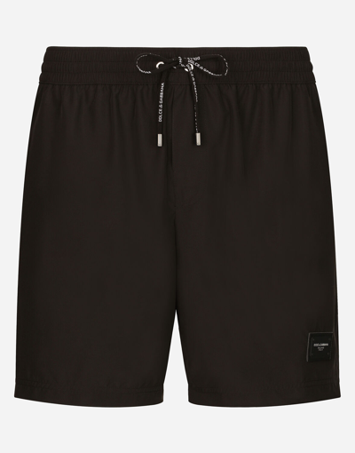 Dolce & Gabbana Mid-length Swim Trunks With Branded Plate In Black