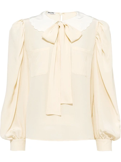 Miu Miu Pussy-bow Silk-crepe De Chine Blouse In Neutrals