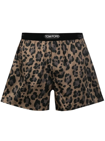 Tom Ford Velvet-trimmed Leopard-print Stretch-silk Boxer Shorts In Brown