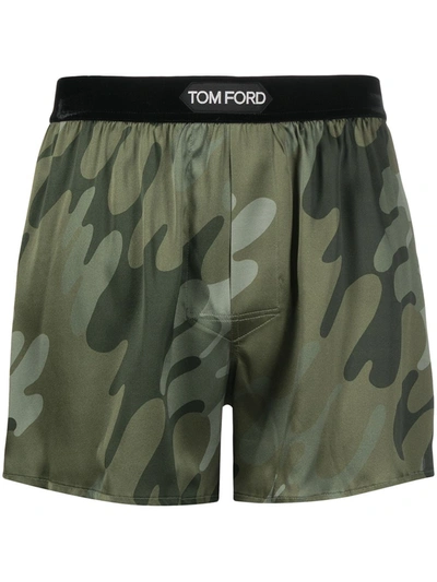 Tom Ford Camouflage-print Silk Shorts In Green
