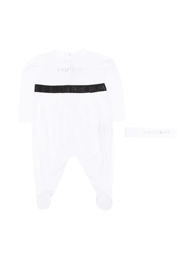 Balmain Babies' Contrasting Logo Stripe Pyjama In Bianco